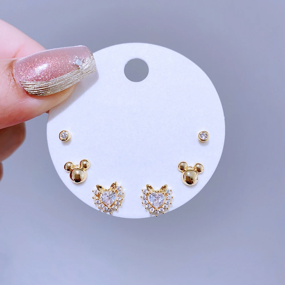 High End 3 Pairs Cubic Zircon Crystal Heart Stud Earrings Set Gold Plated Korean Style Women Gift Jewelry 4