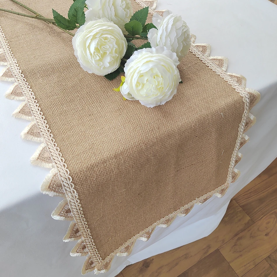 Jute Lace Linen Tablerunner for Christmas Home Table Decoration Table Flag Cloth Wedding Decoration Table runner