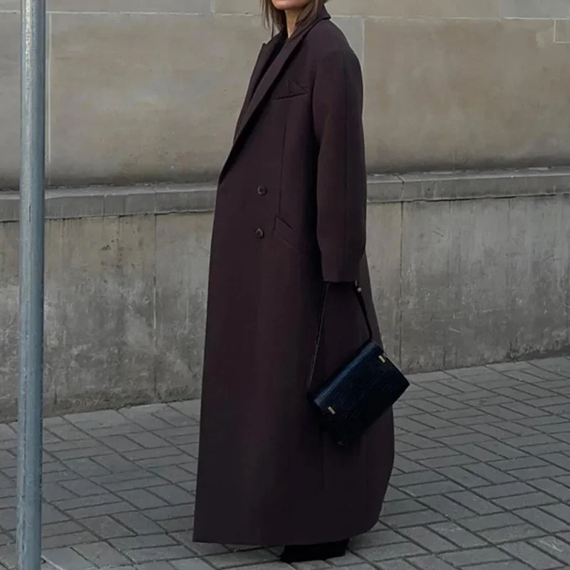 Elegant Lapel Pocket Woolen Long Trench Coat Women Fashion Full Sleeve Loose Overcoat Autumn Winter Lady Commute Outwear