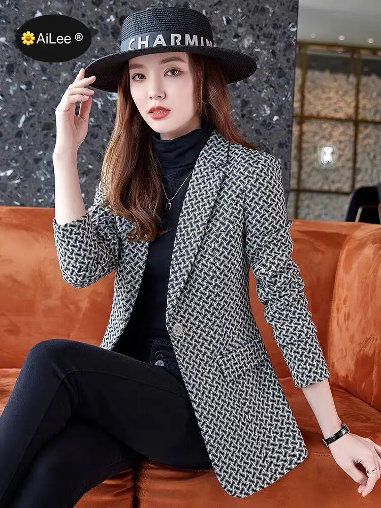 Winter Women Houndstooth Jacke Fashion Plaid Long Sleeve Blazer Lady Office Elegant Ladies Business Single Button Suit Outerwear
