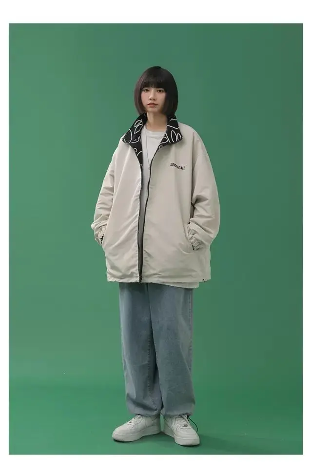 Reversible Jackets Graffiti  Stand Korean Cartoon Print Kawaii Oversize Women Coats Vintage Streetwear Ulzzang Harajuku Coat