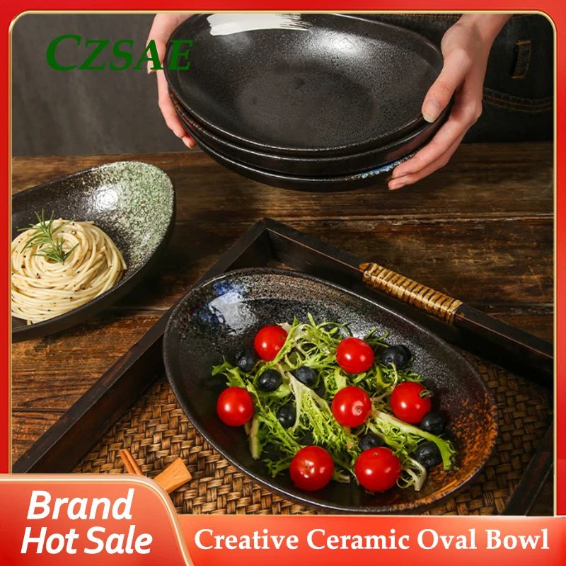 

1pcs 1pcs Creative Ceramic Oval Bowl High-end Restaurant Irregular Kitchen Tableware Fruit Salad Japanese Ramen/spaghetti Plate
