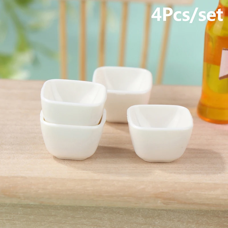 

4Pcs 1:12 Dollhouse Miniature Bowl Square Bowl White Rice Bowl Model Tableware Kitchen Living Scene Decor Toy