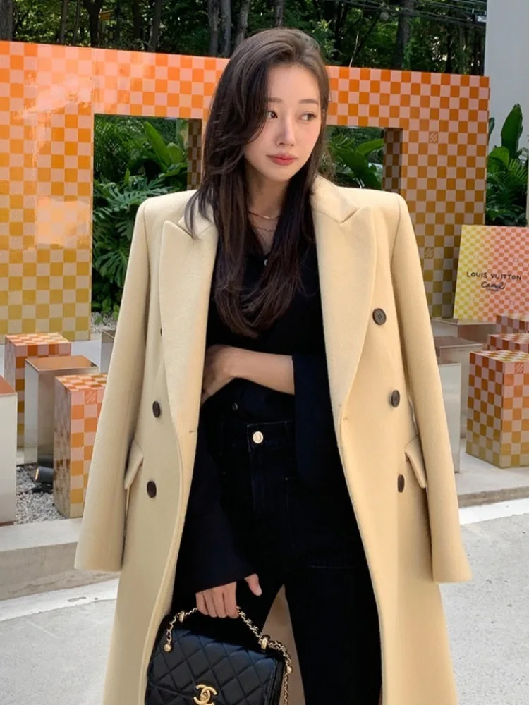 

Women's Winter Vintage Long Wool Blend Coat Blazer Jacket Pea Coats Female Double Breasted Woolen Overcoat Slim Outerwears