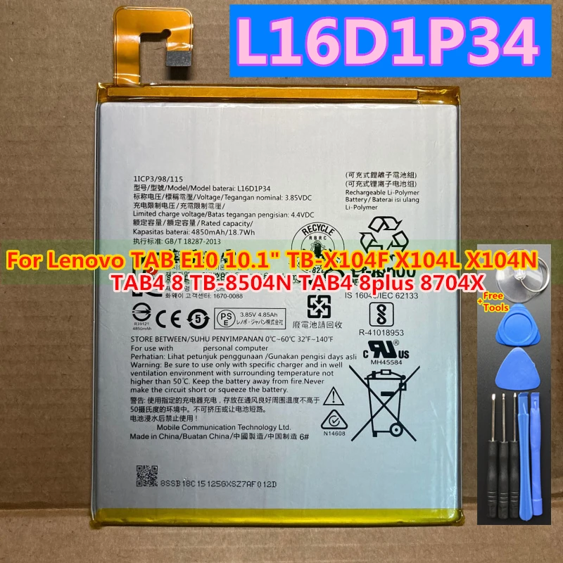 Originele L16D1P34 Batterij Voor Lenovo Tab E10 10.1 "TB X104F X104L