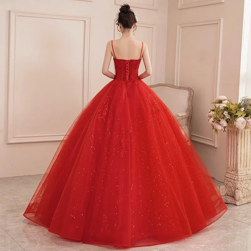 Red sleeveless long lady girl women princess banquet party ball prom dress performance gown