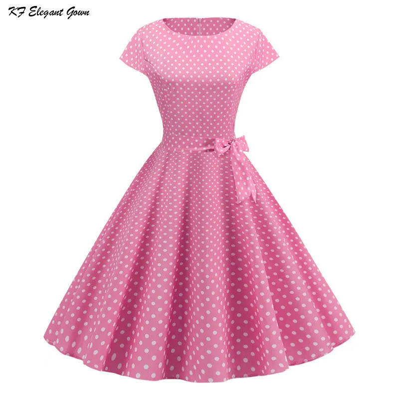 

Elegant Fashion Polka Dot Summer Dresses Womens Short Sleeve O-Neck Vintage Pinup Rockabilly Knee-Length Party Dress Casual