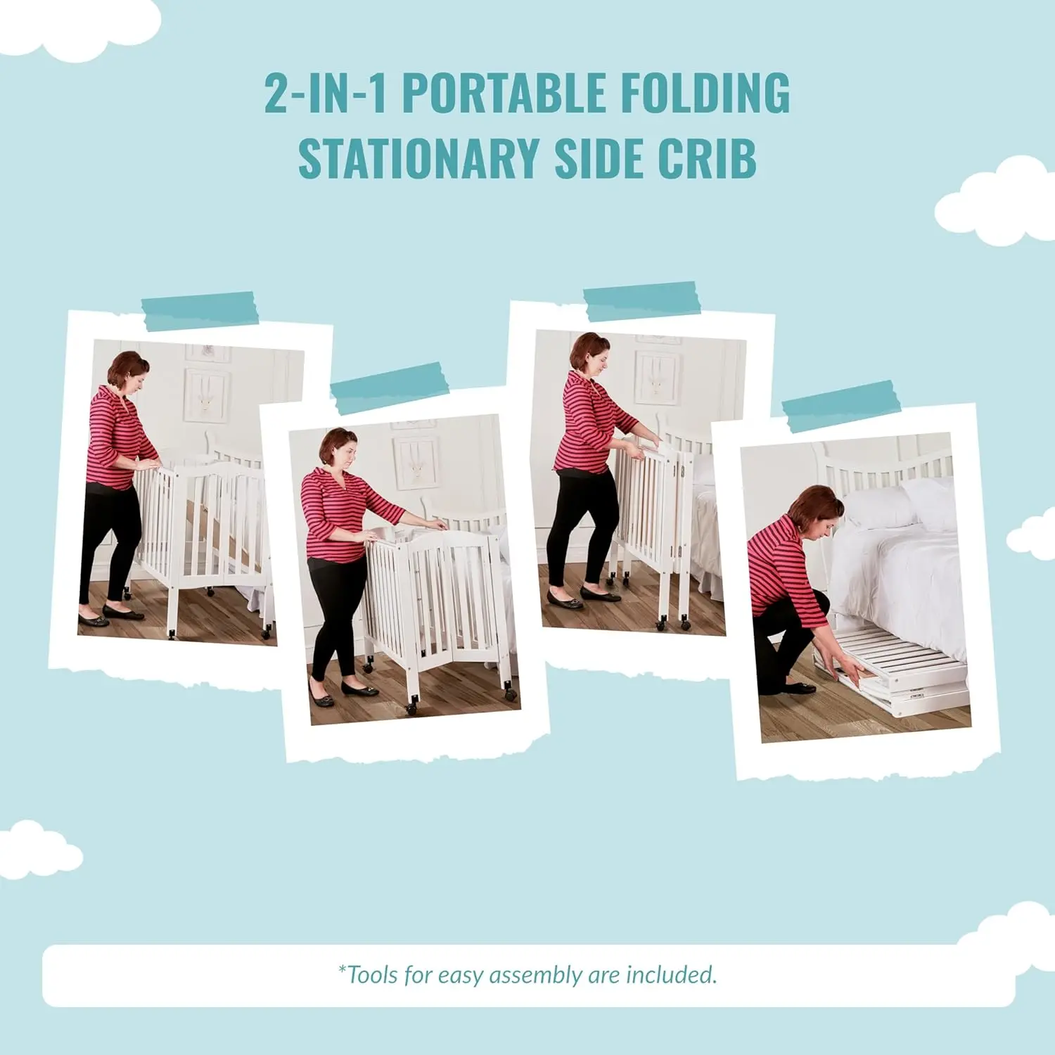 2-in-1 Lightweight Folding Portable Stationary Side Crib in Pebble Grey, Greenguard Gold Certified, Baby Crib to Playpen