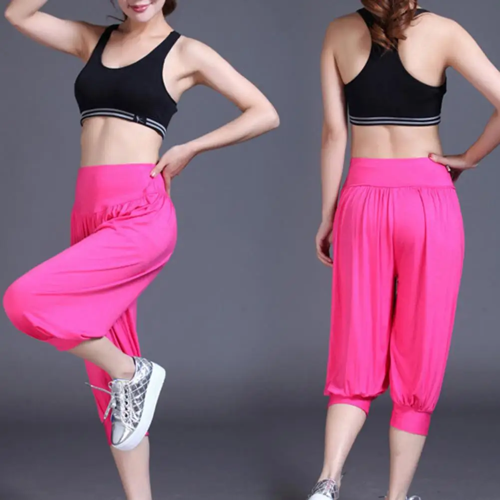 Women Summer Modal Yoga Cropped Pants Wide Elastic Waistband Dance Performance Wide Leg Pants Bloomers 4