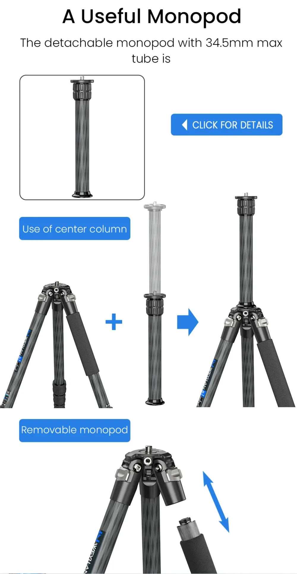 CX5 Carbon Fiber Lightweight Travel Tripod Professional DSLR Camera Tripod For F