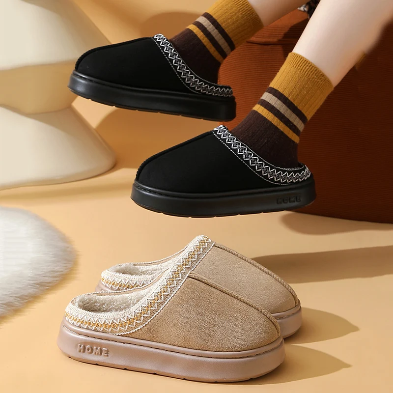 Winter Faux Suede Plush Slippers Women 2025 Slip On Platform Cotton Slippers Woman Lightweight Soft Sole Home Shoes Couples
