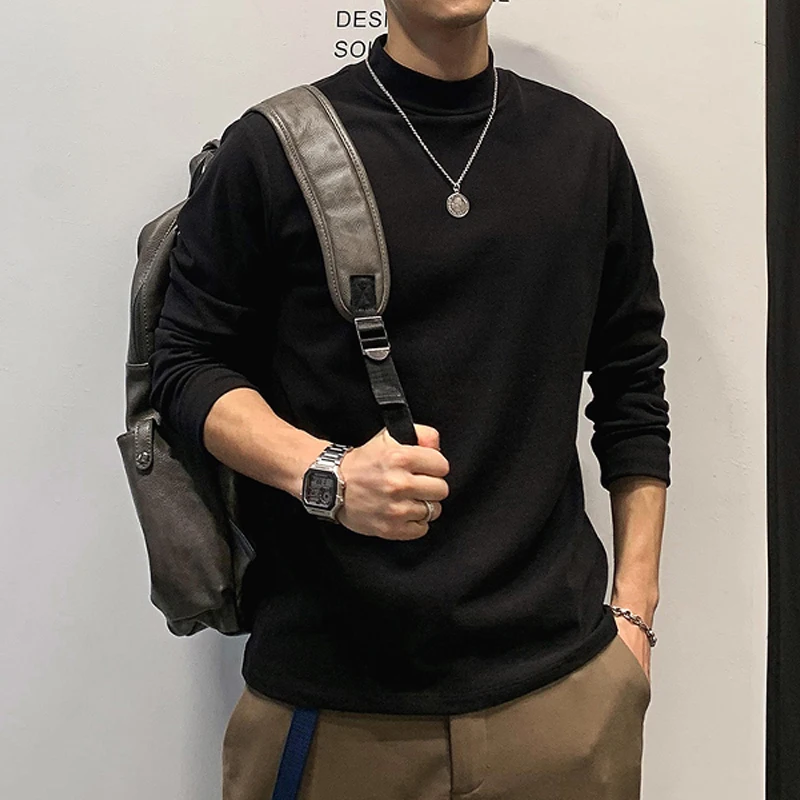 2023 Autumn and Winter New Temperament Versatile Commuting Men's Clothing Fashion High Collar Simplicity Solid Color T-shirt