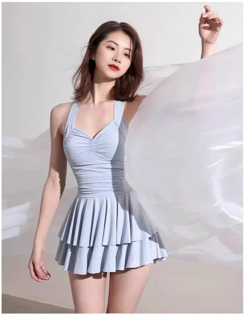 Swimsuit Women's One-piece Suspender Fashionable Backless Solid New Sweet Skirt Conservative Slim Hot Spring Swimsuit Wholesale