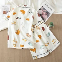 Japanese Summer Ladies New Pajamas Two-piece 100% Cotton Gauze Thin Short-sleeved Shorts Cute Cat Cartoon Home Service Set Women - Image 2