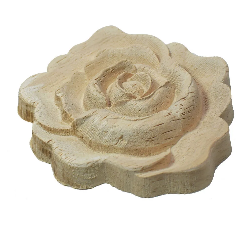 4PCS 7cm Furniture Wood Carving Appliques Vintage Decor Cabinet Door Solid Decals Flowers Pattern Carved Wooden Miniatures