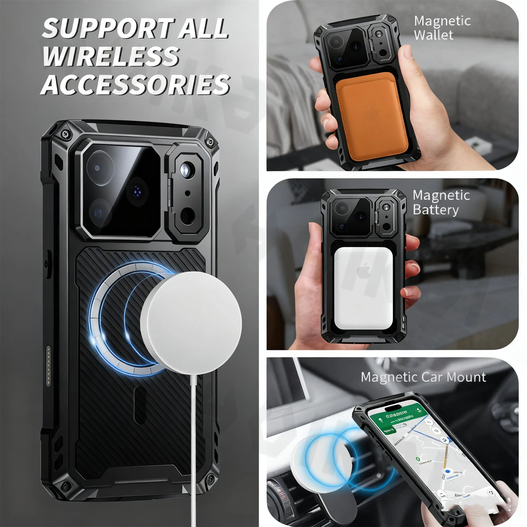 Rugged Metal Armor Case with Tempered Glass Screen & Camera Protection, MagSafe Compatible