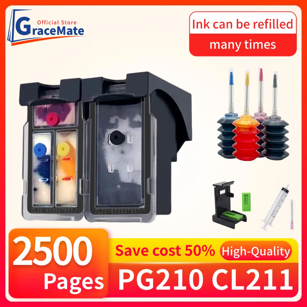 GraceMate PG210 CL211 Refillable Ink Cartridge Replacement for Canon PG 210 CL 211 for Pixma IP2700 IP2702 MP240 MP250 MP260 pg 510 cl 511 high quality filled ink for canon pixma ip2700 ip2702 mx320 mx330 mx340 mx350 mx360 mx410 mx420 printer