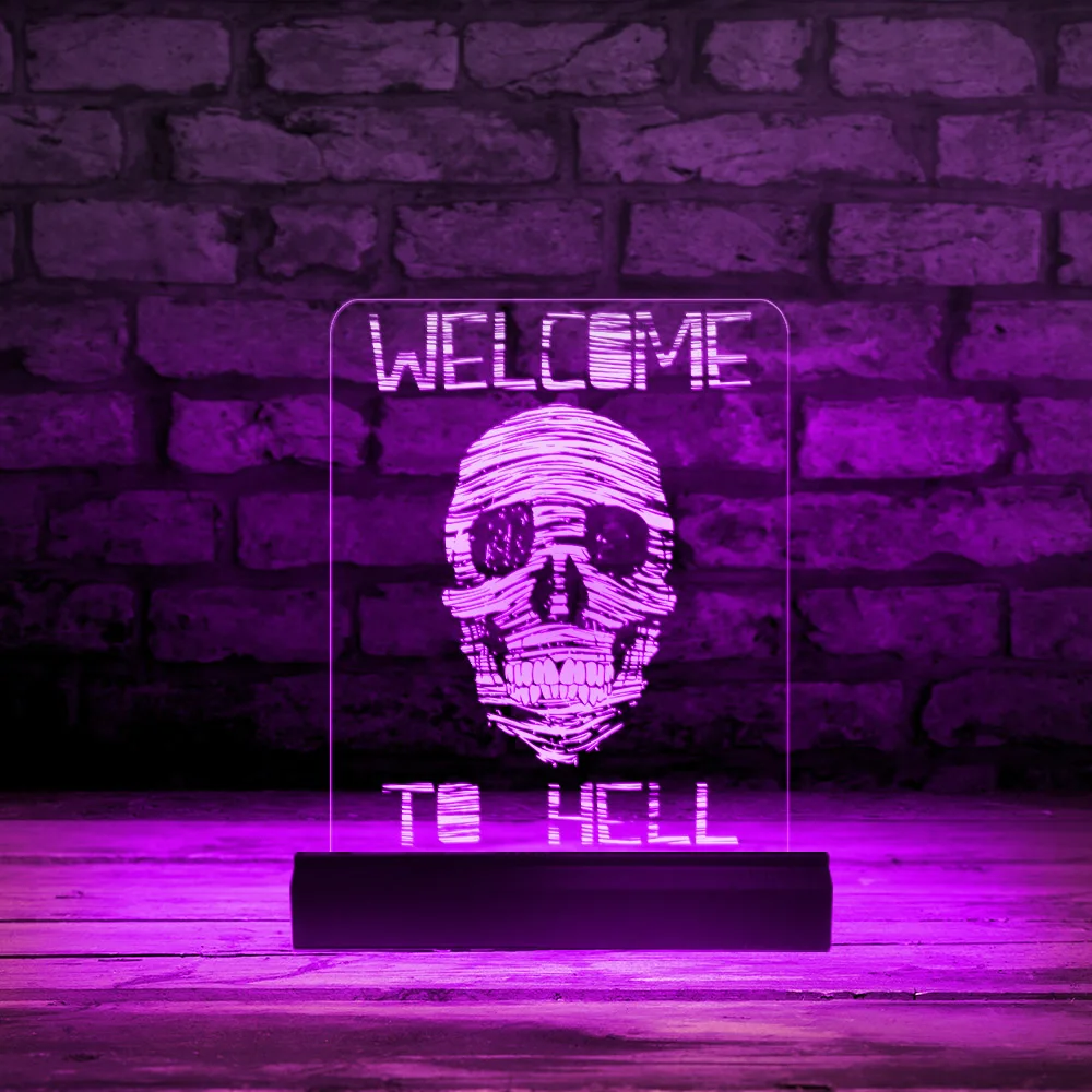 

Welcome To Hell Mummy Skull Head Horror LED Illuminated Display Sign Desktop Lighting Acrylic Board Halloween Skeleton LED Light