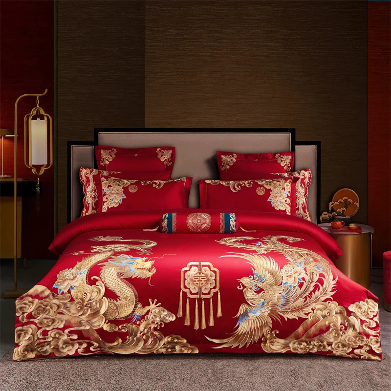 

Bedding Set Luxury Loong Phoenix Embroidery Tassels Duvet Cover Chinese Wedding Red Egyptian Cotton Bed Sheet Linen Pillowcases