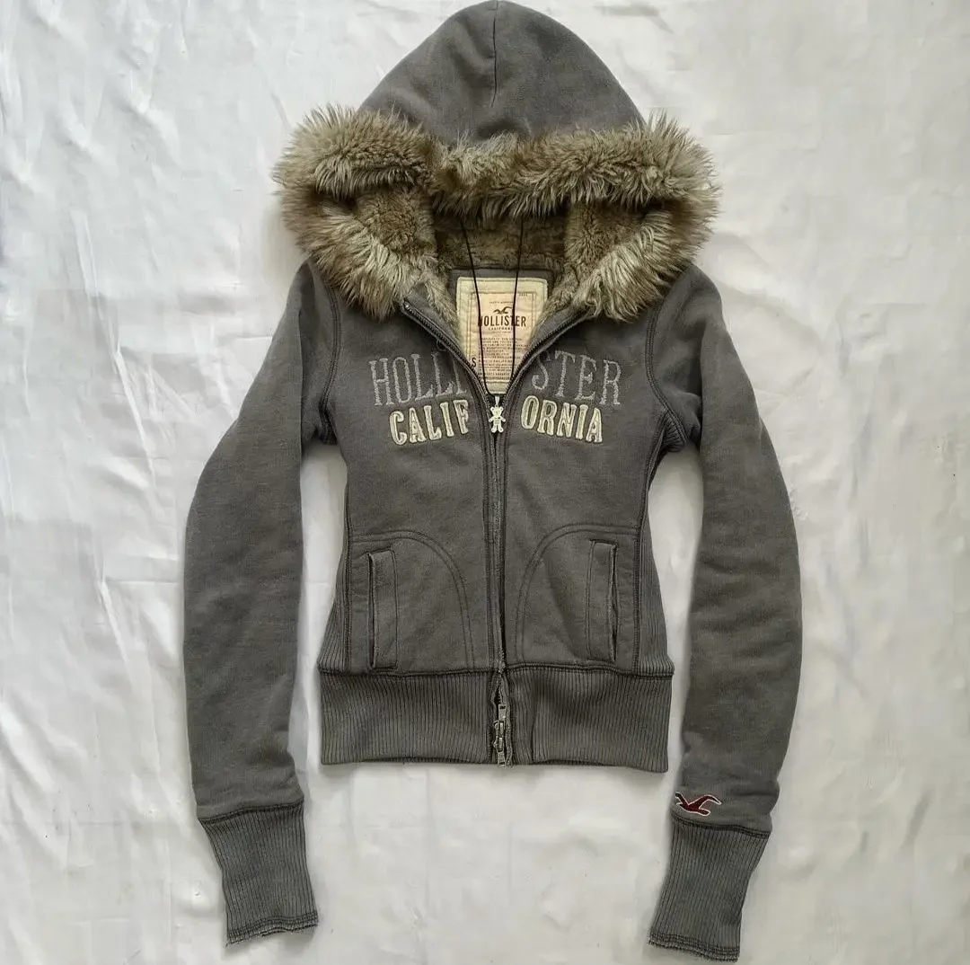 Y2K Goth Fur Collar Hooded Zipper Jacket Harajuku Letter Graphic Embroidery Slim Hoodie Autumn Winter Hot Girl Jacket Sweatshirt 2