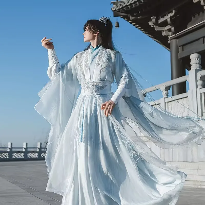 blue traditional chinese dress elegant blue embroidered hanfu floral patterns long flowing