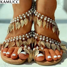 Sandales d'été en cristal pour femmes, chaussures de plage décontractées, avec lanières en perles, cheville, grande taille