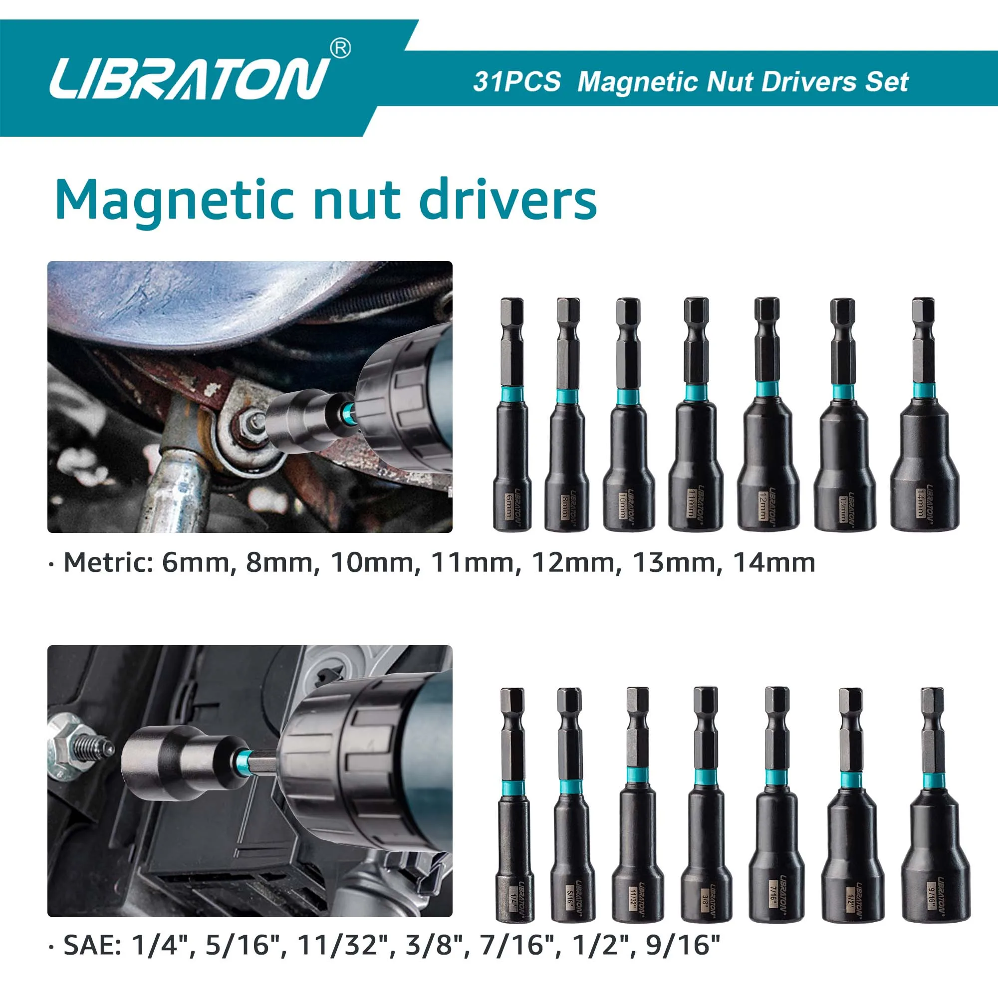 Libraton 31PCS Magnetic Nut Driver Set Metric & SAE, Impact Drill Driver Bit Set 1/4", Screwdriver Bits, Impact Socket Adapters 3