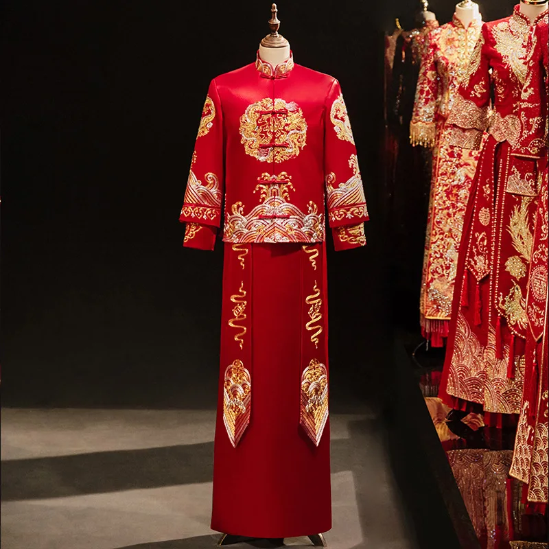 Chinese Style Men Marriage Set Dragon Embroidery Tang Suit Vintage Qipao Oriental Bridegroom Wedding Clothing Hanfu Costume