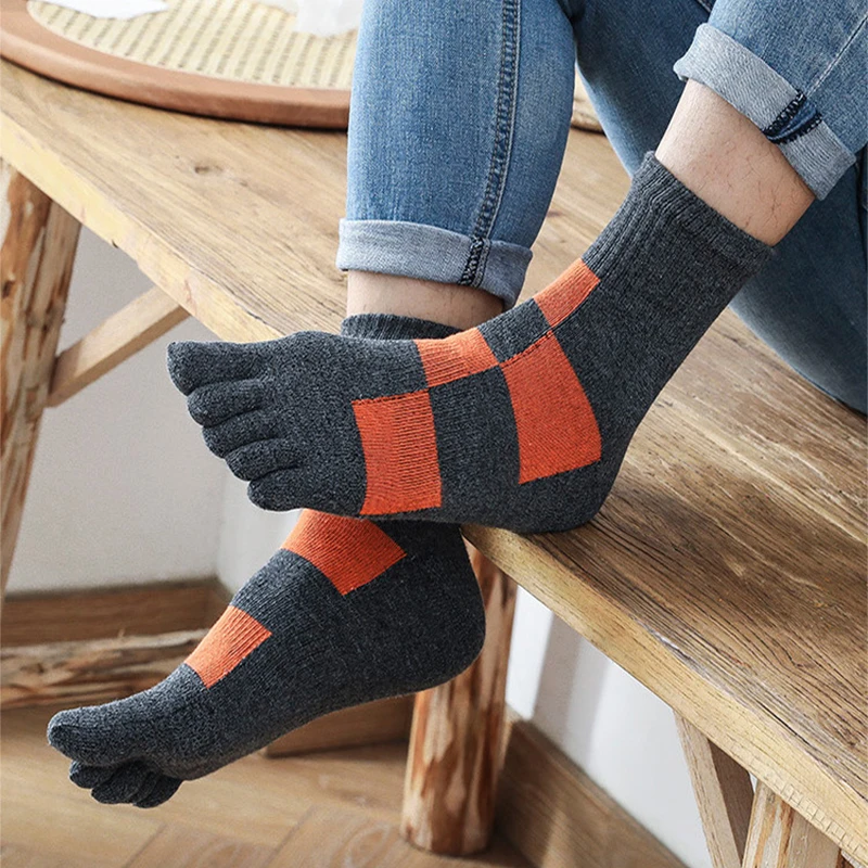 5 Pairs Thick Five Finger Socks Autumn Winter Warm Cotton Sock Big Plaids Business Sport Anti-Friction Deodorant Split Toe Socks