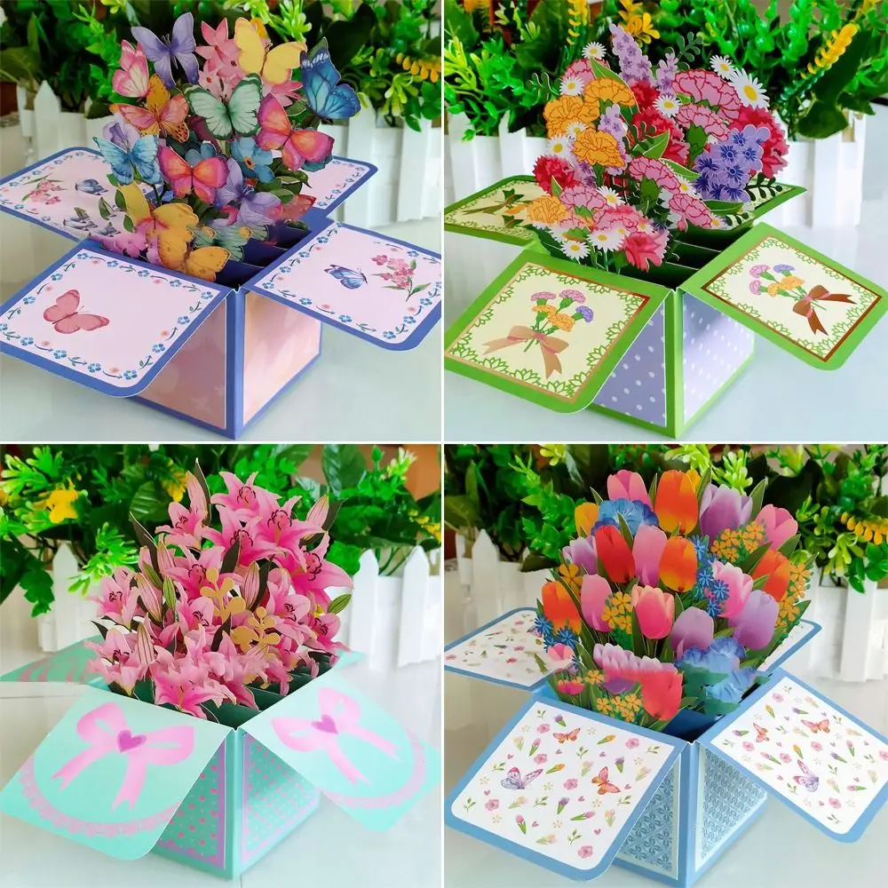 Day Greeting Card for Birthday Tropical Bloom Paper Flowers Daisy/Carnation 3D Pops-up Bouquet Rose/Lily/Sunflower/Tulip