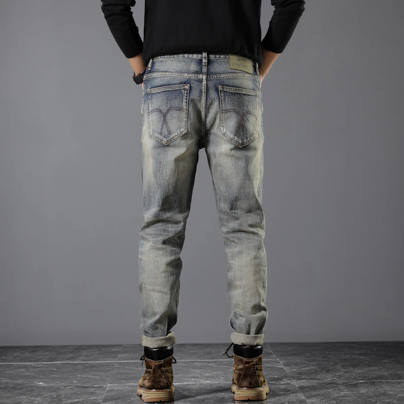 Red-Ear Denim Autumn Men's Jeans 2024 New Street American Retro High-End Washed Old Slim Fit Ankle Tight Trousers Hombre