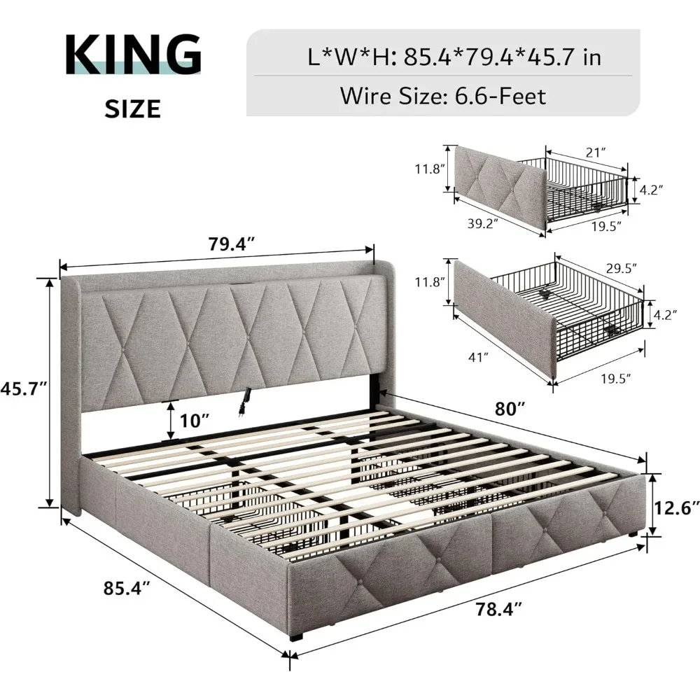 King Bed Frame with 4 Storage Drawers with Charging Station, Modern Wingback Storage Headboard, Platform Bed Frame 2