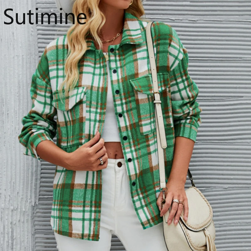 

Autumn Plaid Jacket Women Green Plaid Wool & Blends Buttons Blouses Tops Casual Shirt Jacket Female Clothes Coat Outwear Fashion