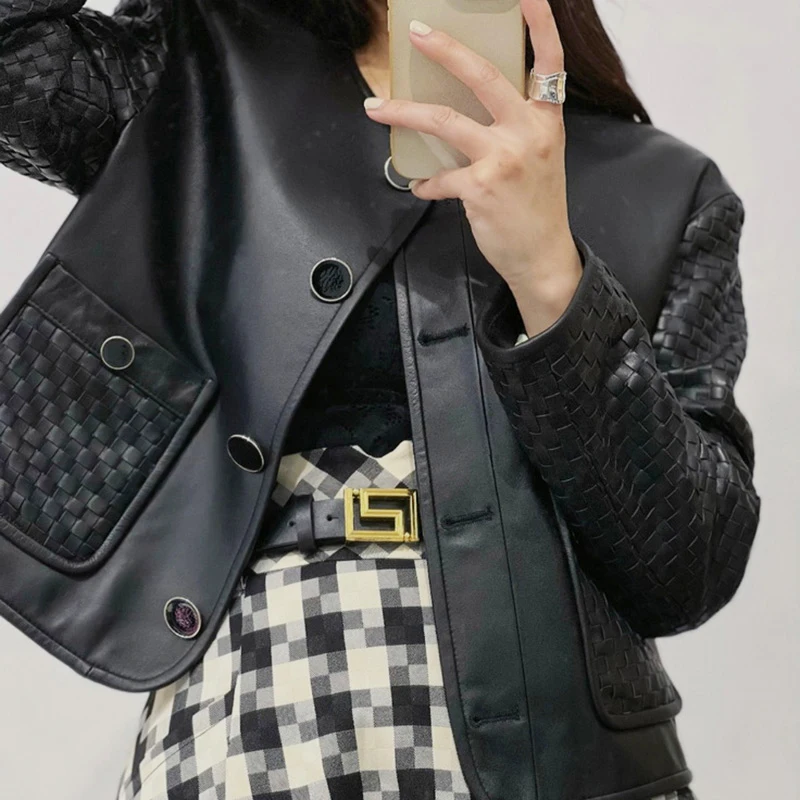 Lady Leather Jackets 2022 New Genuine Sheepskin Woven Sleeve Single Breasted Solid Short Coat Round Neck Streetwear AEL4937 genuine leather jackets womens new sheepskin flare sleeve elegant female adjustable waist korean short blouse biker coat