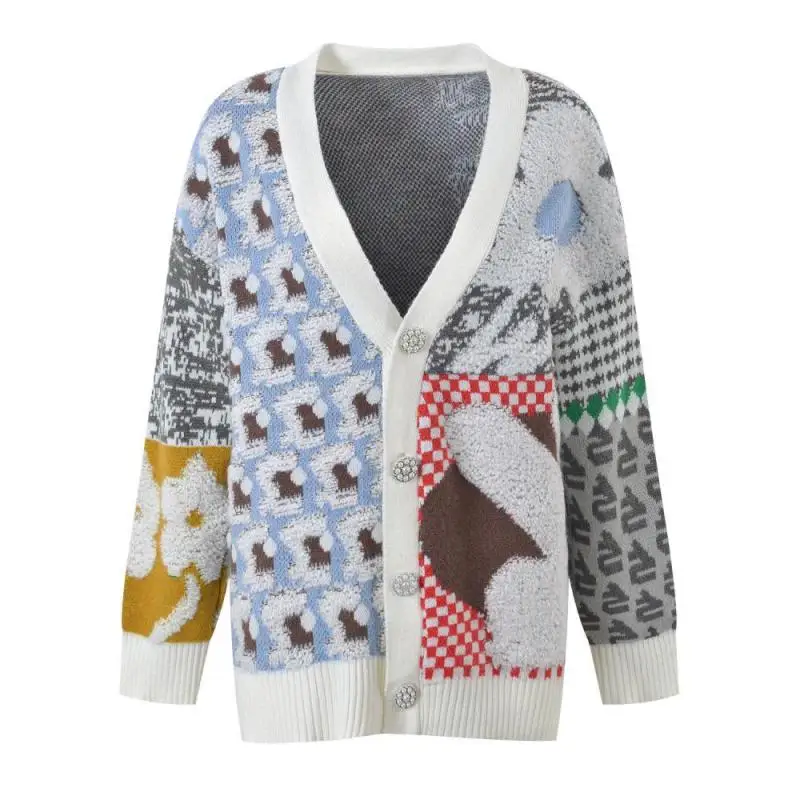 

2024 Spring Fashion Knitted Loose V-Neck Cartoon Cardigans Jacquard Embroidery Weaving Spliced Sweaters Brand Clothes