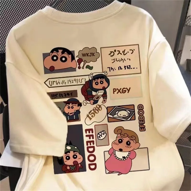 

Kawaii Crayon Shin-Chan летняя футболка из чистого хлопка, повседневный топ с коротким рукавом в стиле пары, с мультяшным аниме принтом, подарки на день рождения