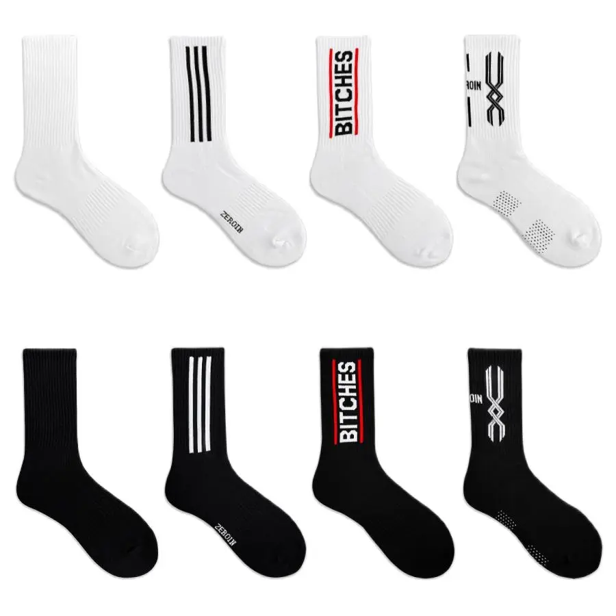 

Fashion Spring and summer men's socks mid-length towel bottom sports black and white thickened cotton socks