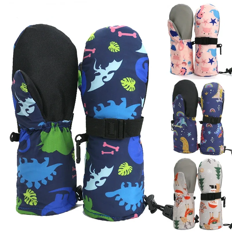 2023 New Children's Ski Mittens Cartoon Dinosaur Printed Waterproof Non-slip Gloves Outdoor Plus Velvet Padded Warm Mittens 1-7T