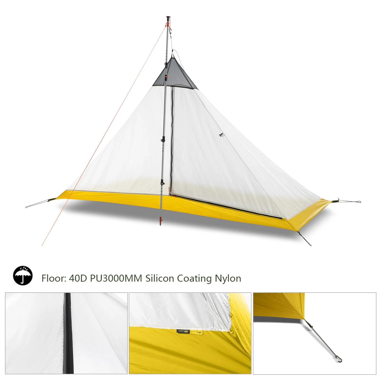 620g Ultralight 2 Person 40D Nylon Silicon Coating Inner Tent Outdoor 4 Seasons Camping Tent Rodless Pyramid Marquee Large Tent