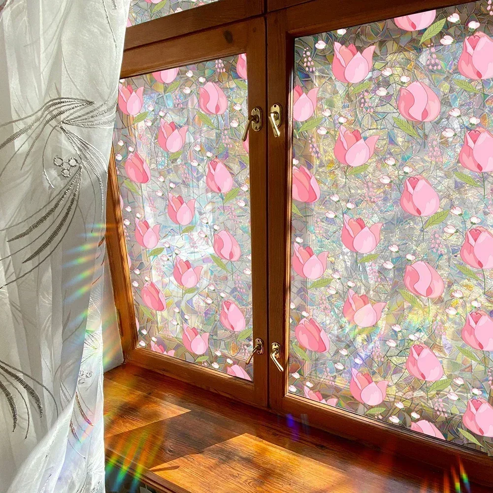 Pink Flower Tulip Double-sided Visible Colorful Sunlight Static Window Sticker Decorative Sticker Can Be Cut
