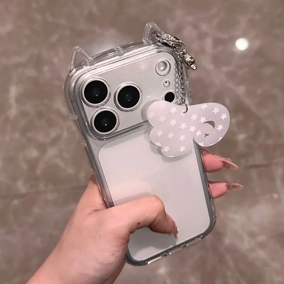 3D Ears Clear Case with Cute Star Angel Wings Pendant