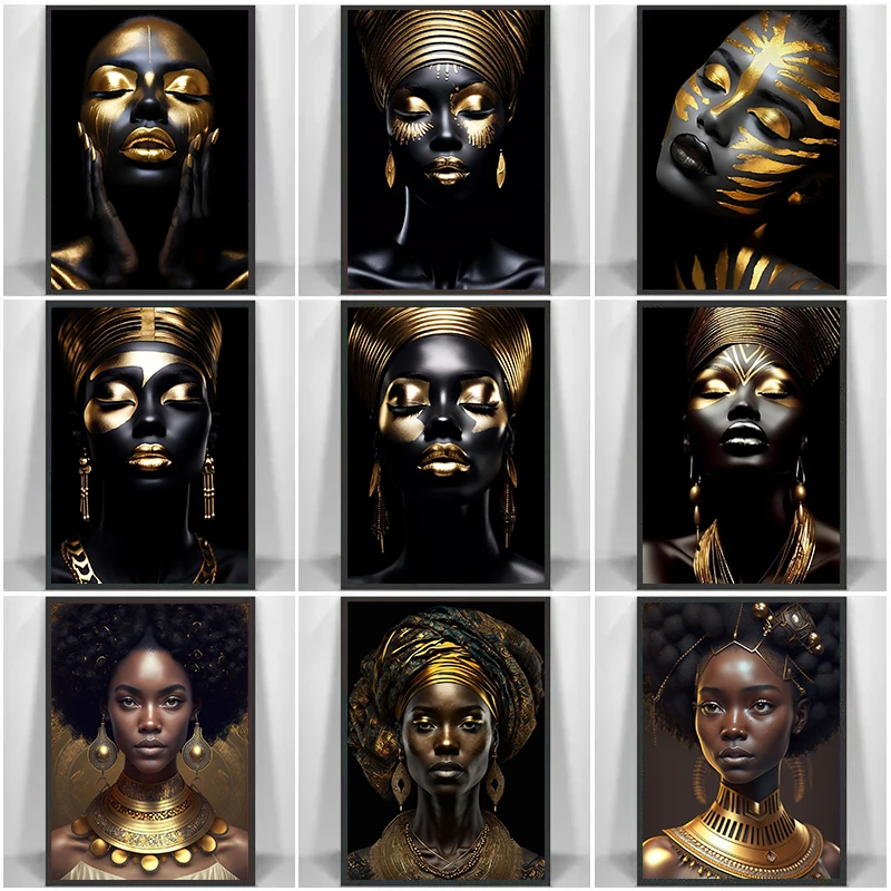 Elegant African Black and Gold Woman Portrait Canvas Art for Modern Living Room Decor