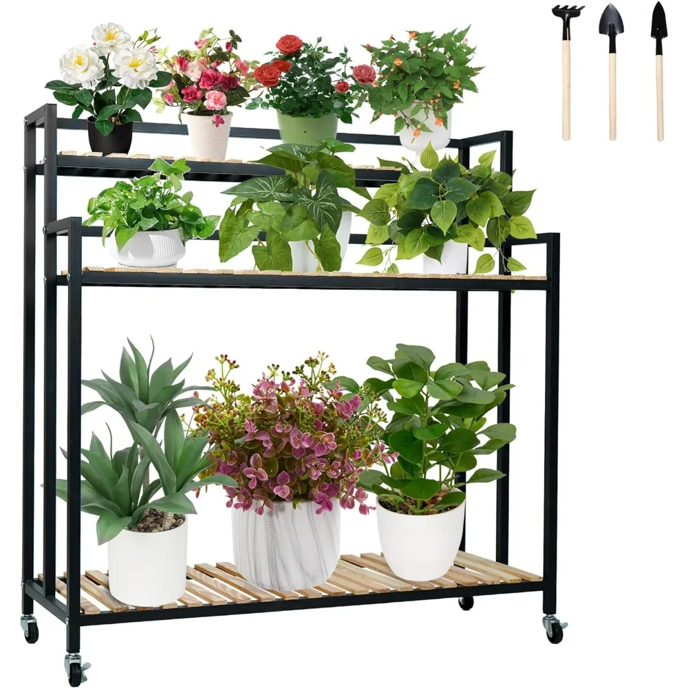 3 Tiers Plant Stand ,Wood & Metal Frame Plant Ladder With Mobile Rack Wooden Flower Shelf Multi-Plant Holder Table,