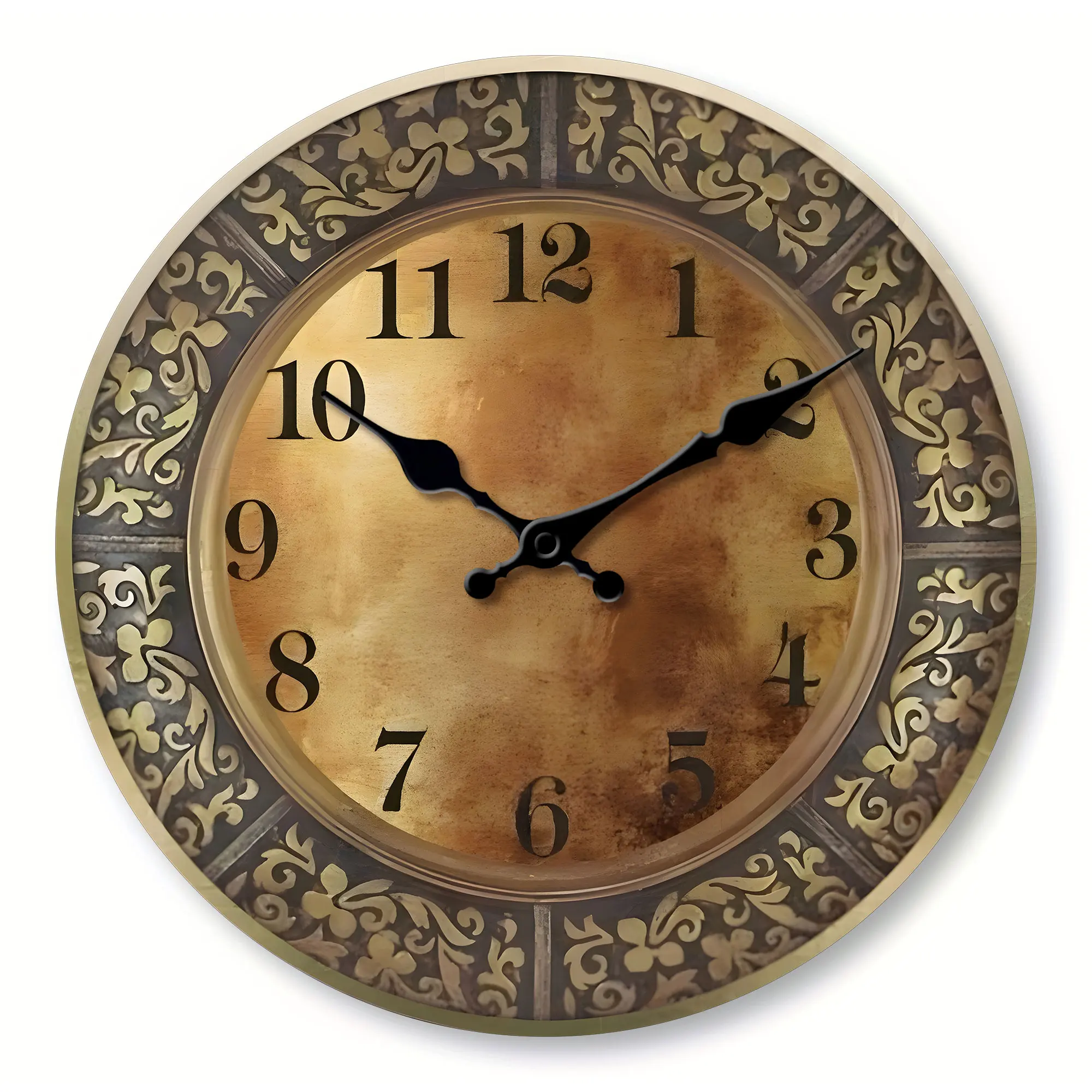 Wooden Silent Wall Clock with Antique Brass Pattern 1