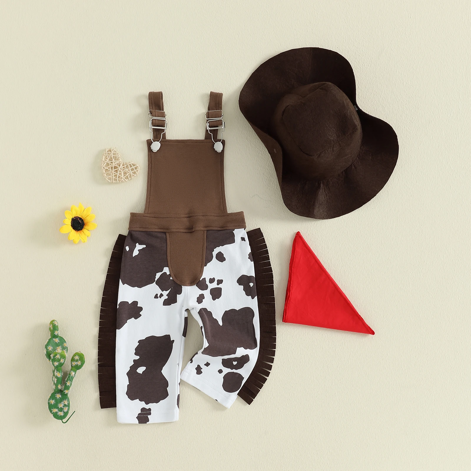 Baby-Western-Kleidung, ärmelloser Overall mit Kuhmuster, Quaste, Cowgirl-Hut und Bandana-Halstuch – Detail 8