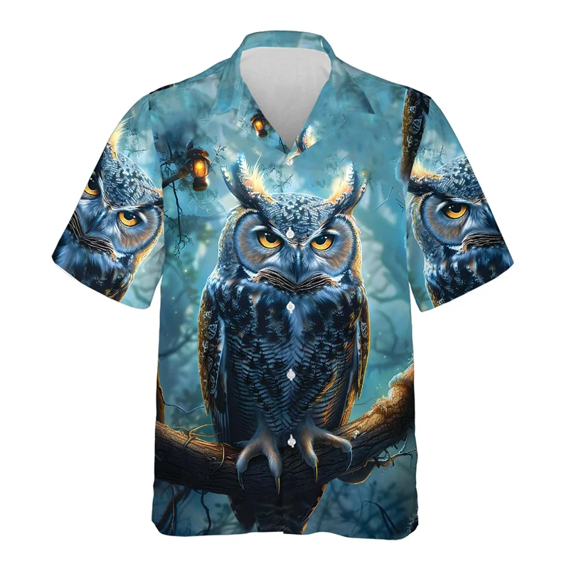 thumbnail image 1 of Camisa hawaiana con estampado 3D de búho misterioso para hombre, blusa con estampado de animales salvajes, camisetas Aloha unisex de verano, camisetas con solapa y mangas cortas, 1 of 4