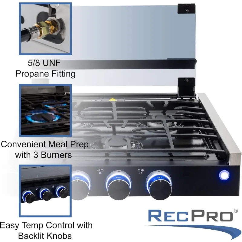 RV Built In Gas Cooktop | 2 Burner or 3 Burner | RV Cooktop Stove | 6,500 and 8,000 BTU Burners |Cover Included(Black, 3-Burner) 2