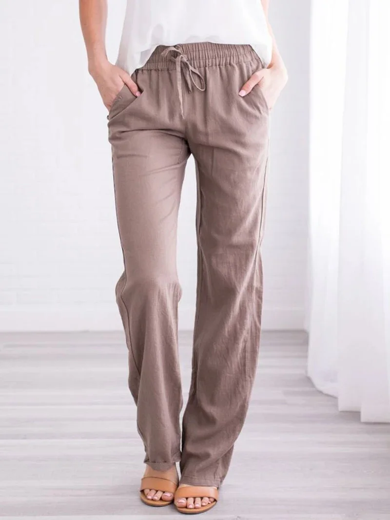 Spring and summer new solid color cotton and linen drawstring loose casual wide leg pants