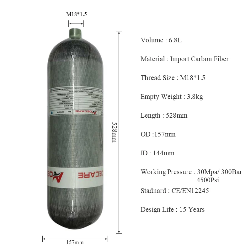 Acecare 6.8L CE 4500Psi cilindro in fibra di carbonio/serbatoio HPA per attrezzature subacquee e sicurezza antincendio 30 Mpa 300bar