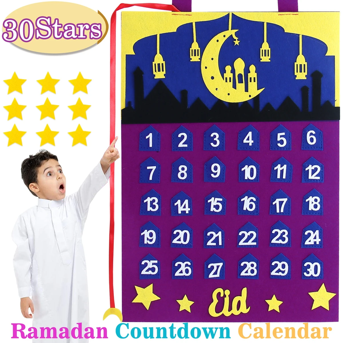 Calendrier du Ramadan avec 30 autocollants et sacs-cadeaux en